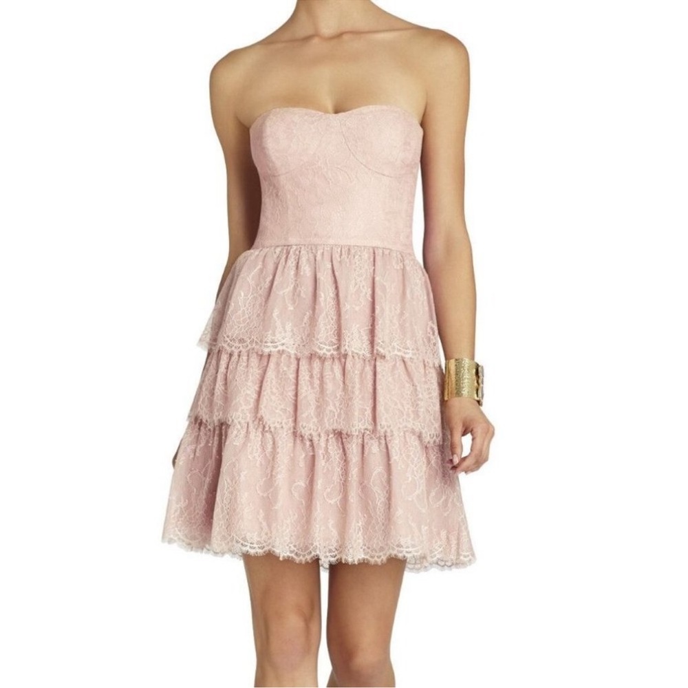 BCBG MAXAZRIA BARE/Powder PINK LILAH TIERED LACE Sweetheart Corset tulle dress 8